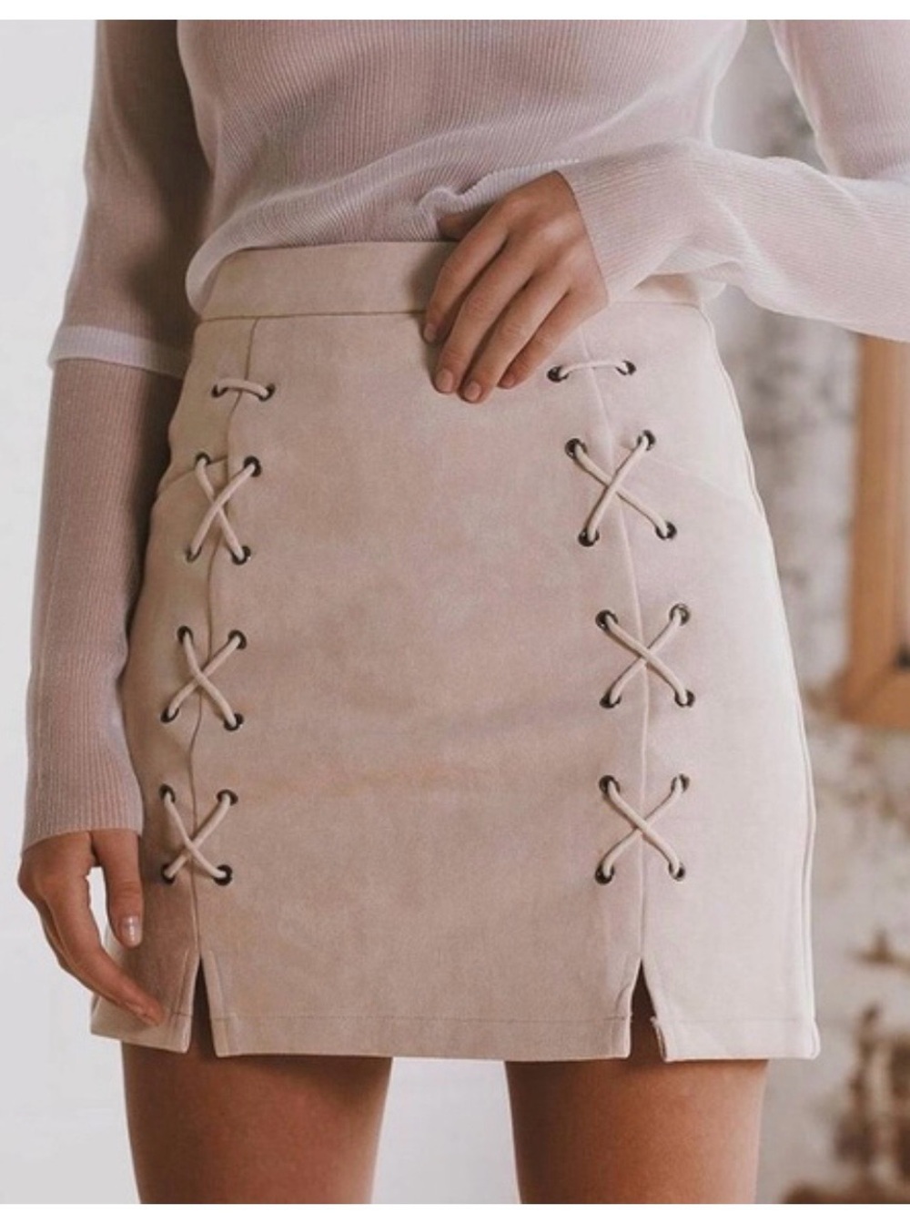 Beige Lace-Up Suede Mini Skirt - Women